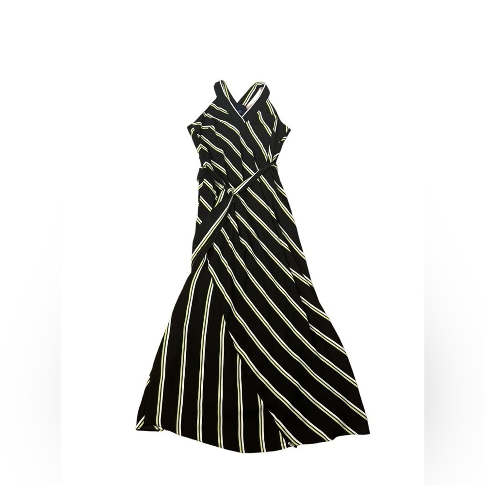 Rachel Roy Black & Green Striped Sleeveless V-neck Belted Maxi Dress Size Med